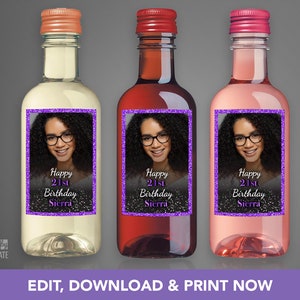 Adult 21st Birthday Black Silver Purple Girl Glitter Foil Photo Mini Wine Bottle Rectangle Stickers Labels Favors | Edit with Corjl Template