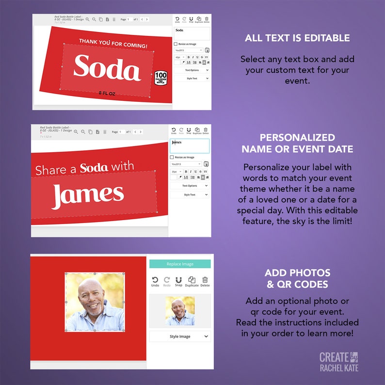 May include: A printable label template that can be customised for a soda bottle. The label is red with white text that says "Thank you for coming!" and "Soda" with a 100 count and 8 fl oz. The label also has a space to add a personalised name or event date. The template includes instructions for adding photos and QR codes.