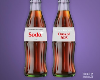 Graduation Cap Class of 2025 Red Soda Diet Gray Glass Bottle Small 8oz ounce US Stickers Labels Favors Custom Text Multiple Sizes Available