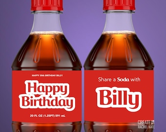 Happy Birthday Add a Name Red Cola Soda Bottle with Red Font Small 20 oz ounce US Stickers Labels Favors DIGITAL | Design Your Own!