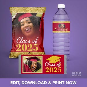 Graduation Photo Class of 2025 Red Gold Glitter Potato Chip Bag, Water Bottle Label & Chocolate Bar Favors Pack Set| PWC3-014-RED
