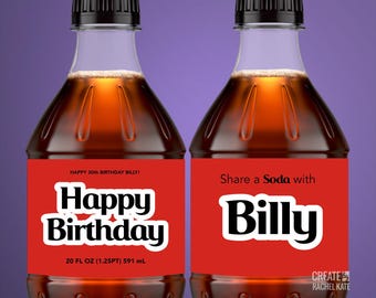 Happy Birthday Add a Name Red Cola Soda Bottle Small 20 oz ounce US Stickers Labels Favors DIGITAL | Design Your Own!