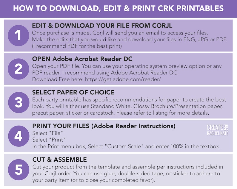 May include: A purple and white infographic with five numbered steps on how to download, edit, and print printable files from Corjl. The steps include downloading the file, opening it in Adobe Acrobat Reader DC, selecting the paper of choice, printing the file, and cutting and assembling the product.