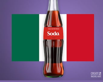 Red Cola Soda Glass Bottle Small 12oz ounce Mexico Mexican Stickers Labels Favors DIGITAL | Design Your Own! | SBG-003