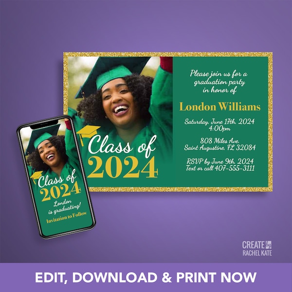 Graduation Photo Class of 2024 Green Emerald Gold Glitter Invitation Invite | College High School Graduate Announcement | INV-001-GRN