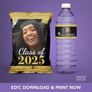 Graduation Photo Class of 2025 Black Gold Glitter Potato Chip Bag & Water Bottle Label Favors Pack Set | Edit Yourself Corjl