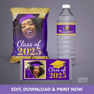 Graduation Photo Class of 2025 Purple Gold Glitter Potato Chip Bag, Water Bottle Label & Chocolate Bar Favors Pack Set | PWC3-014-PUR