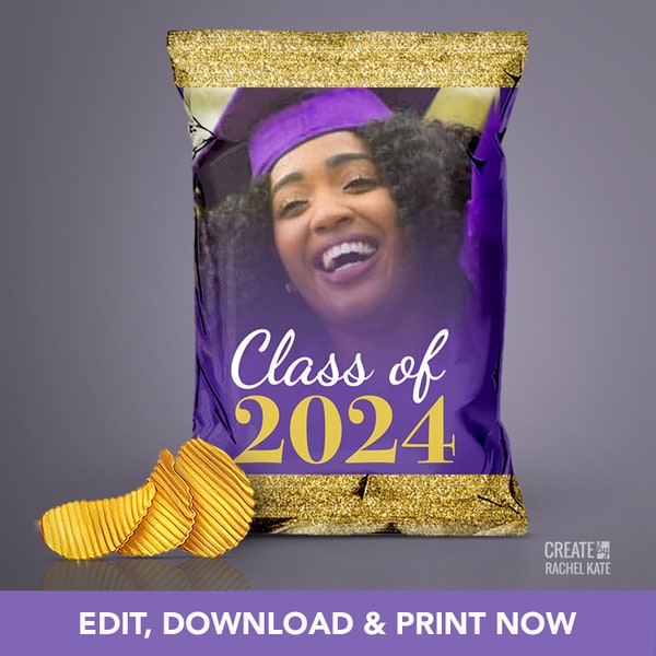 Graduation Photo Class of 2024 Purple Amethyst Gold Glitter Potato Chip Snacks Loot Goody Goodie Mini Bag Bags Favors | PCB-014-PUR