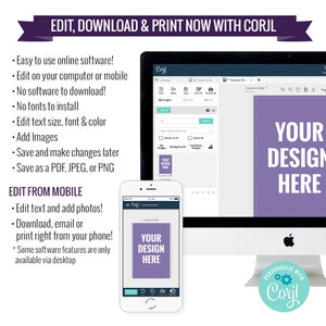 May include: A computer screen and a mobile phone display a website with the text "Corjl" and the words "Your Design Here" on a purple background. The website allows users to create and edit designs online. The text "Edit, Download & Print Now with Corjl" is displayed at the top of the image.