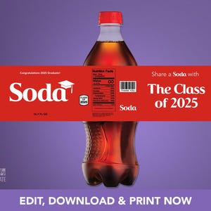 Graduation Class of 2025 Red Cola Soda Bottle Small 8oz 12 16 ounce US Stickers Labels Favors DIGITAL | Custom Text Multiple Sizes Available