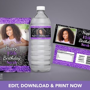 Teen Birthday Black Silver Purple Girl Glitter Potato Chip Water Bottle Candy Bar Wrapper Favors | 3 Piece Party Package | Edit with Corjl