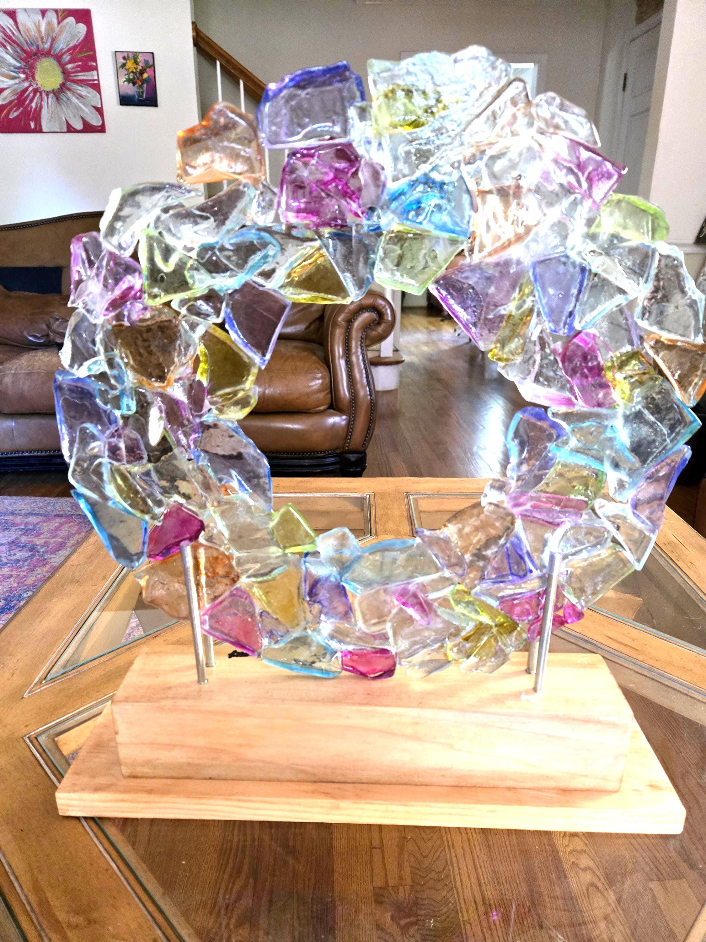 Handmade Stained Glass Sculpture, One of a Kind Glass Art, Modern Home Decor, Shelf Display, Unique Gift for Art Lover, Artisan