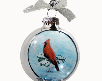 Cardinal Bird Ornament, Red Bird, Limited Edition, Glass, Handmade
