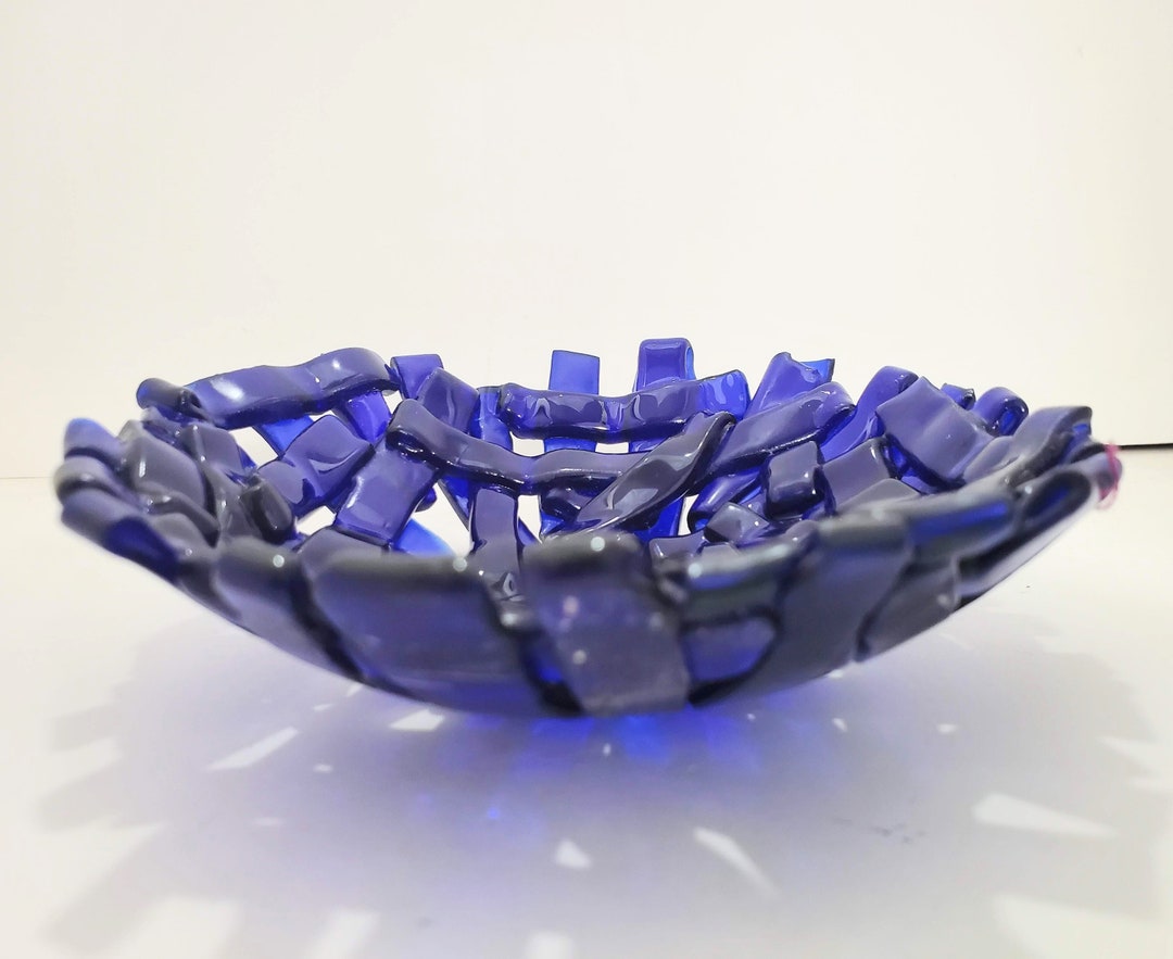 Cobalt Blue Decorative Glass Bowl Dish Recycled Strips Small Etsy