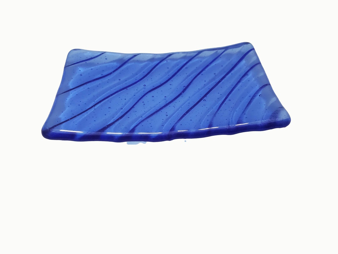 Blue Glass Soap Dish Ripple Wave Design Rectangular Handmade Etsy