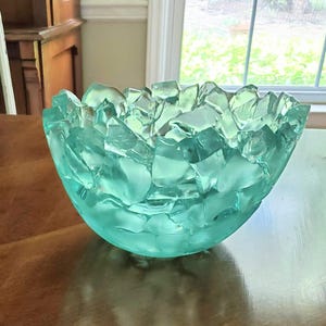 Fused Glass Decorative Bowl, Aqua Tint Ice Sculpture Design, Elegant Home Decor Piece