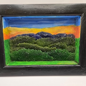 Fused Glass Mountain Landscape Framed Original Sign Art