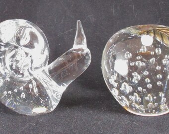 Snail and Apple Clear Glass Paperweights