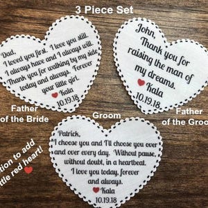 3 TIE PATCHES - Father of Bride, Father of Groom, Groom, 2.25" Heart Shape, I Loved You First, Always Will, I Choose You Without Doubt, TYFR