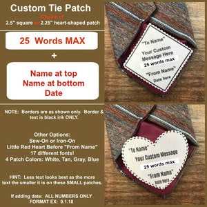 CUSTOM TIE PATCH - Father of the Bride, Father of the Groom, Sew Iron or Peel & Stick Little Red Heart Option, 2.5" Sq or 2.25" Heart Shape