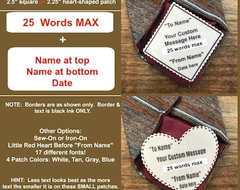 CUSTOM TIE PATCH - Personalized Message, Father of the Bride, Father of the Groom, Little Red Heart Option, 2.5" Square or 2.25" Heart Shape
