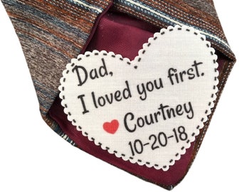 Sew or Iron On Patch ON SALE - Groom Patch or Dad Tie Patch, Father of Bride, 2.25&quot; Heart Shaped Patch, Dot Border, Choose Message and Font