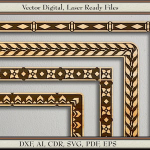 May include: Four laser-cut wooden frame designs with intricate patterns, including diamond, floral, and leaf motifs. The frames are in various sizes and feature corner details. The text "Vector Digital, Laser Ready Files" and "DXF, AI, CDR, SVG, PDF, EPS" are displayed.