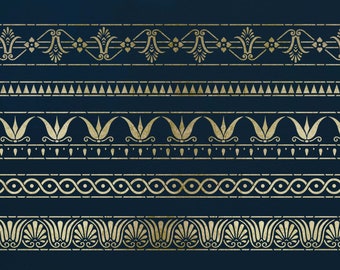 Può includere: Uno sfondo blu scuro presenta diversi disegni di bordi decorativi dorati. I bordi includono motivi floreali, geometrici e a volute. L'immagine è un design a stencil, perfetto per progetti di decorazione domestica.