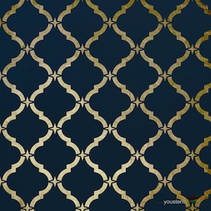 May include: A seamless pattern of gold quatrefoil shapes on a dark blue background. The pattern is reminiscent of traditional Moroccan tilework.