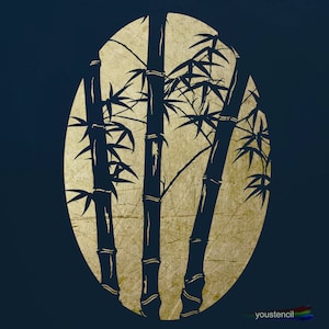 May include: Silhouette of three bamboo stalks with leaves against a gold background. The background has a textured, distressed look.