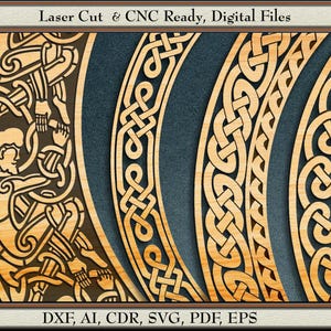 Könnte beinhalten: Digitale Dateien für Laserschnitte mit aufwendigen keltischen Knotenmustern. Das Bild zeigt gebogene Holzpaneele mit detaillierten Mustern, ideal für Bastelprojekte. Der Text oben lautet "Laser Cut & CNC Ready, Digital Files."