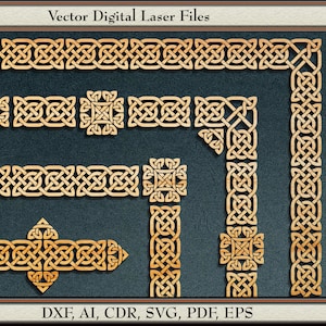 Puede incluir: Un conjunto de archivos de corte láser digital que presentan un borde de nudo celta, piezas de esquina y piezas centrales. Los archivos están disponibles en los formatos DXF, AI, CDR, SVG, PDF y EPS.