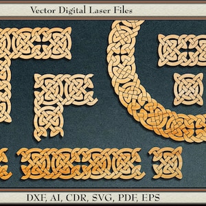 May include: A set of six digital laser cut files featuring intricate Celtic knot designs. The designs include corner pieces, a border, and a circle. The files are available in DXF, AI, CDR, SVG, PDF, and EPS formats.