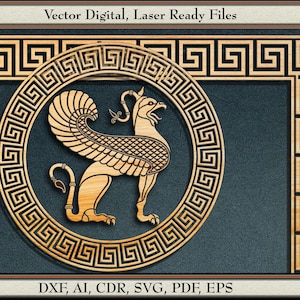 Greek Key Vector, with Corner, Round Border and Griffin  #51,  svg, dxf, ai, cdr,  pdf, eps. For Laser