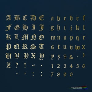 May include: A gold stencil sheet featuring a gothic alphabet, numbers, and punctuation marks on a dark blue background. The stencil sheet is ideal for crafting and DIY projects.