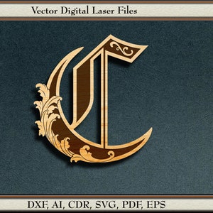 May include: A decorative wooden letter C with intricate scrollwork and a brown finish. The letter is cut out in a crescent shape and has a decorative flourish at the top. The image includes the text "Vector Digital Laser Files" and "DXF, AI, CDR, SVG, PDF, EPS".