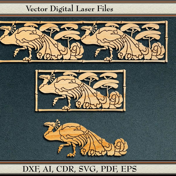 Peacock Vector. Border & Motif Design  #5,  svg, dxf, ai, cdr,  pdf, eps. For laser cutting and engraving.