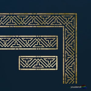 May include: Gold stencil featuring a geometric pattern. The stencil is made up of repeating triangles and squares. The stencil is designed to create a border or frame.