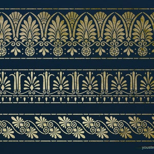 May include: Three gold Greek key stencils on a dark blue background. The stencils are in different sizes and feature intricate designs.
