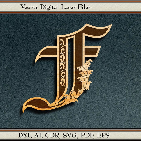 Old  English Monogram Letter F, Vector.  svg, dxf, ai, cdr,  pdf, eps.   For laser