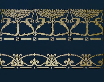 Può includere: Due disegni di stencil dorati su uno sfondo blu scuro. Il disegno superiore presenta un motivo ripetitivo di foglie e viti stilizzate. Il disegno inferiore presenta un motivo ripetitivo di fiori e foglie stilizzate.