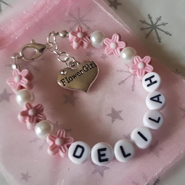 Personalised flower girl bracelet, flower girl bracelet with a clasp and heart charm, weddding attendant gift, child's flower bracelet,