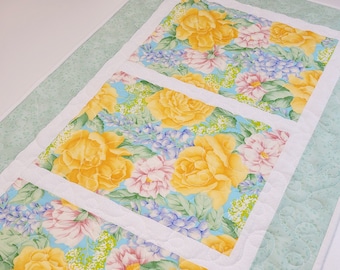 Spring Summer Floral Quilted Table Runner, Flower Garden Table Topper, Yellow Pink Blue Green White Table Mat, 31.25"x17"