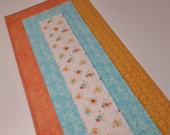 Quilted Spring Table Runner, Pastel Floral Easter Table Mat, Peach Yellow Turquoise Table Topper, 37"x14.5"