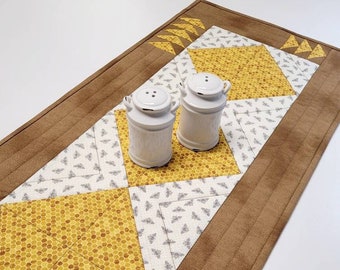 Spring Summer Table Runner, Quilted Table Mat, Bumblebees and Honeycomb, Yellow Brown Off White, 36.5"x13.5"