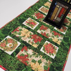 Christmas Quilted Table Runner, Handmade Holiday Quilted Table Topper, Red Green Gold Poinsettia, 42"x17.5"