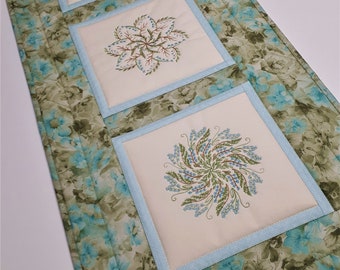 Embroidered Quilted Table Runner, Pastel Floral Spring Table Topper, Sage Green Robin Egg Blue Table Mat, 33.25"x14.5"