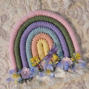 Macramé Cord Rainbow Ornament, Pastel Easter Spring Hanging Decoration, Shabby Cottage Chic Floral Baby Nursery Decor,  5.75"x5.25"