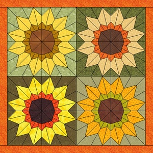 May include: Four patchwork quilt blocks featuring a sunflower design with yellow, orange, brown, and green fabric. The blocks are arranged in a square pattern.