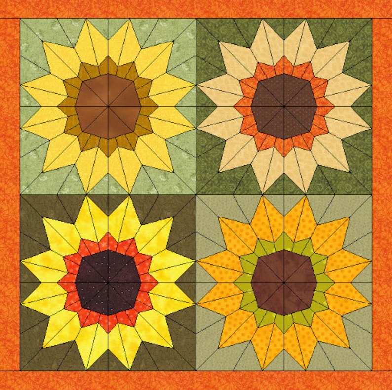 May include: Four patchwork quilt blocks featuring a sunflower design with yellow, orange, brown, and green fabric. The blocks are arranged in a square pattern.